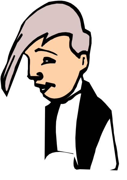 The image shows a black and white illustration of an animated character with purple hair wearing glasses, standing next to what appears to be a person in religious attire holding a book.