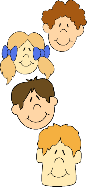The image shows a cartoon of four children with different facial expressions: two smiling faces on top left and right corners; an indifferent face in middle-left corner; and one frowning face at bottom center, all against a black background.