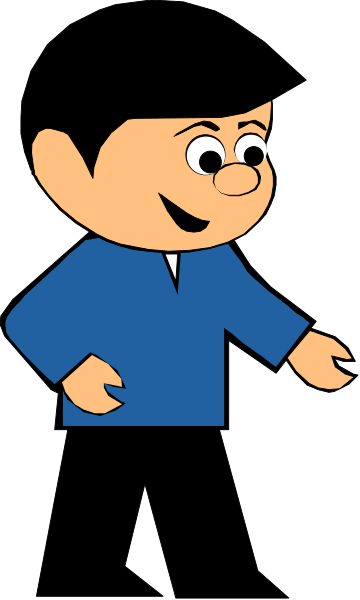 The image shows a cartoon character of an animated man standing upright with his arms at sides against a plain background; he is wearing blue clothing that includes what appears to be a jacket over a shirt, pants, shoes and has short hair.
