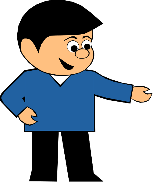 The image shows a cartoon character of an animated man pointing to his left with his right hand while standing against a black background.
