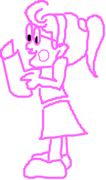 The image shows a pink line drawing of an animated character with ponytails on top of her head holding what appears to be a microphone in front of them against a gray background that has black stripes running across it, giving the impression of motion blur or speed lines around the figure.