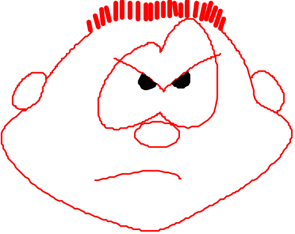 The image shows a black and white cartoon of two characters with exaggerated facial expressions; on the left is an angry character with red hair and teeth bared in anger, while on the right appears to be a calm figure looking away from the camera.