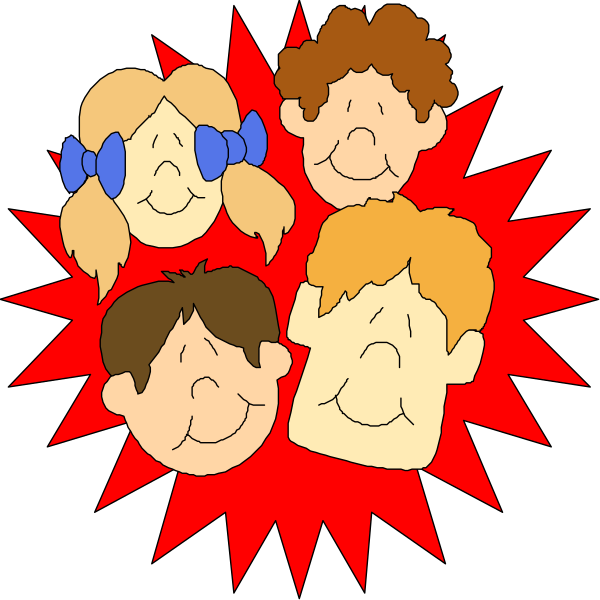 The image shows a cartoon of four children with exaggerated facial expressions inside an explosion graphic that has red lines radiating outward from them in all directions.