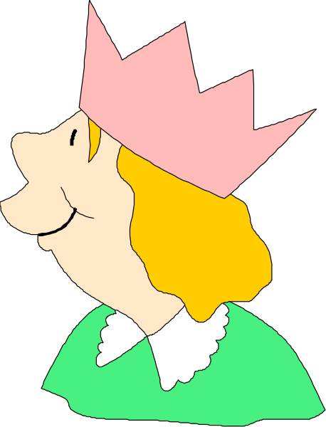 The illustration shows a cartoon of an elderly woman wearing glasses with pink frames, smiling at something off-frame while sitting in front of what appears to be a black background; she is adorned with a crown and has blonde hair styled into waves that fall over her shoulders.