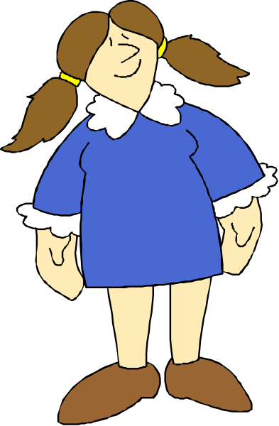 The cartoon shows a girl with pigtails wearing an oversized blue dress standing against a dark background; she has yellow hair tied in two pig tails on either side of her head.