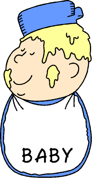 The image shows a cartoon of an infant with yellow icing on its face wearing a bib that says "baby" in black text above it. There is also a small blue hat atop the baby's head, and behind them appears to be another figure or object obscured by their backside. In front of this image there are two lines of white text reading "BABY BIB."