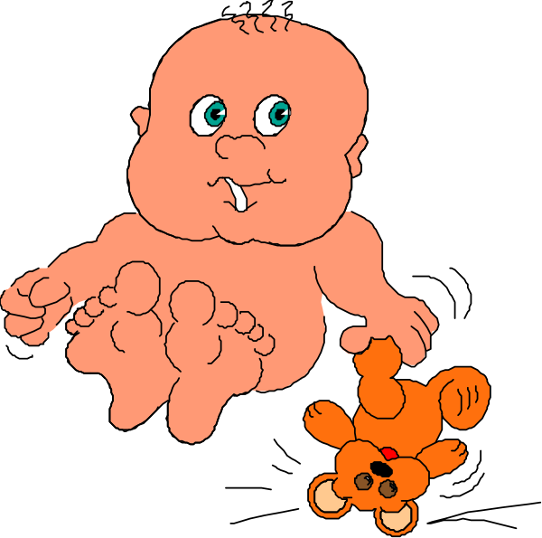 The image shows a cartoon of two babies sitting on an adult's lap with feet sticking out from under their clothes; one baby is holding onto what appears to be its foot while looking at it in surprise, and there is another smaller figure that looks like a teddy bear next to the larger baby.