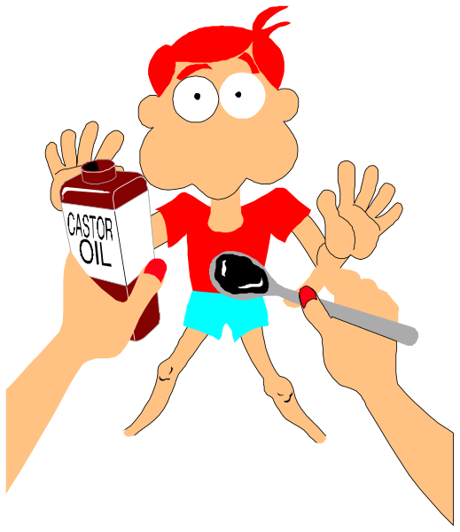 The cartoon shows a character with an exaggeratedly large bottle of castor oil being poured into their mouth by another person's hand holding it open wide; there is also text that reads "CASTOR OIL" on both bottles, and one has been partially consumed as indicated by the missing portion.