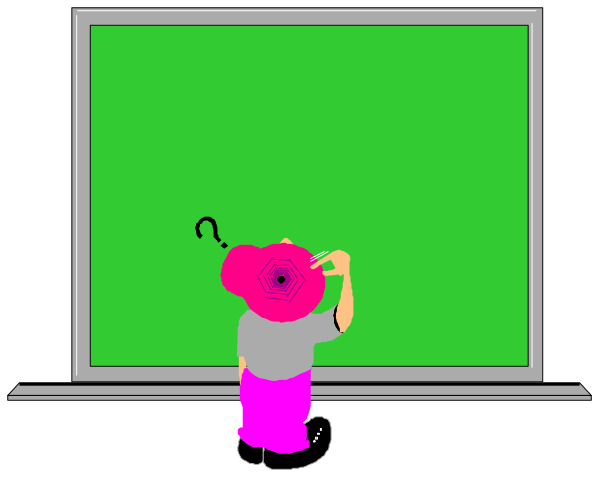 The image shows a person holding up their hand with an index finger pointing at something on a green screen background that resembles a presentation board in front of them; there is no other visible content within this small clip-art frame, and it appears to be taken from a video game or animated setting.