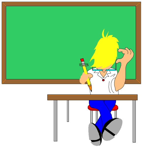 The cartoon shows a classroom scene with an animated character sitting at a desk holding pencils over their head while looking downward in frustration; another figure is standing by the chalkboard scratching its chin, and there's a green eraser on top of it.