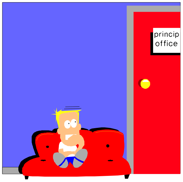 The cartoon depicts a boy sitting on an orange couch with his legs crossed while looking at something off-frame to his left; he is wearing blue jeans and has short blond hair. To his right stands a red door labeled "PRINCIP'S OFFICE" in white letters, indicating the location of this scene within what appears to be a school or educational institution setting.