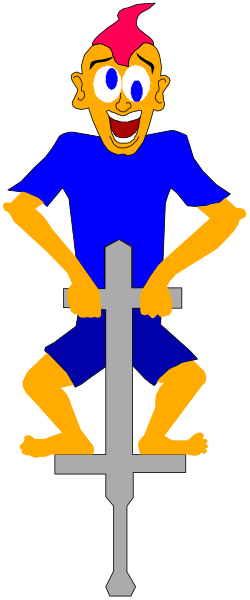The image shows a cartoon of an animated character riding on top of what appears to be a skateboard with wheels in front of it against a black background.