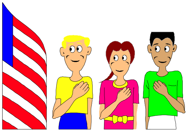 The illustration shows three cartoon characters standing behind a flag with their hands on it; two of them appear to be adults wearing yellow shirts while one is younger in pink attire.