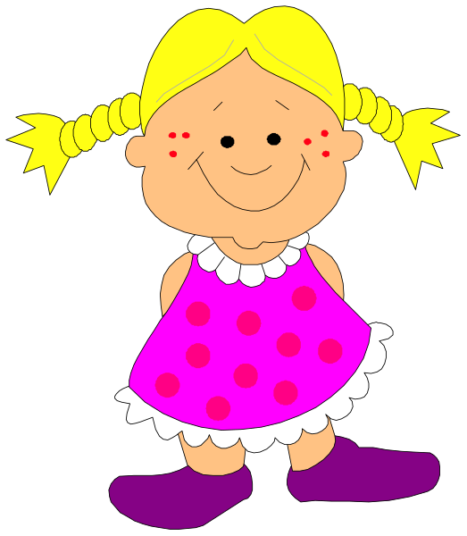 The image shows a cartoon of an animated girl with blonde hair wearing pigtails standing against a black background. She is dressed in pink polka dot pants and has her hands on hips while smiling at something off-camera, giving the impression that she's posing for this illustration or photo.