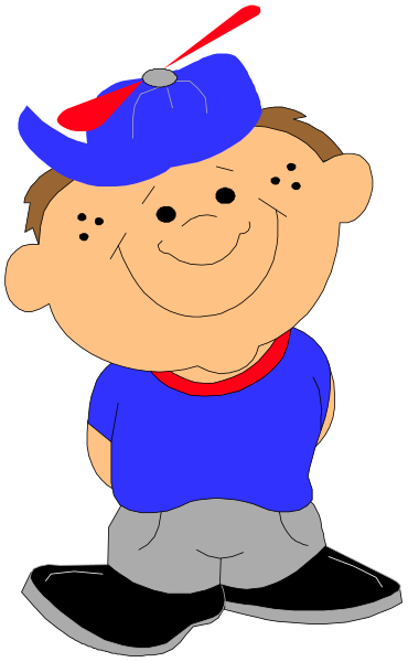 The image shows a cartoon of an animated boy wearing a baseball cap with sunglasses on top, standing against what appears to be a black background; he is smiling broadly at something off-camera.