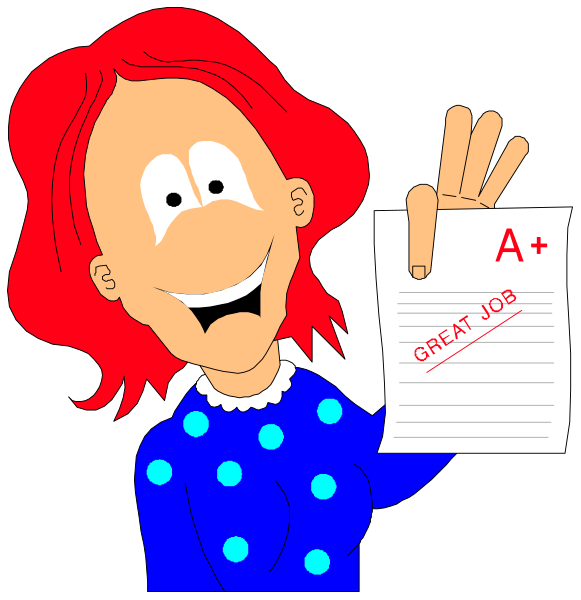 The image shows a cartoon of two panels with an animated character holding up papers labeled "A" for approval on both sides. In one panel, she is smiling broadly; in another, her expression changes to surprise and confusion as if reacting negatively or uncertain about something written on the paper.