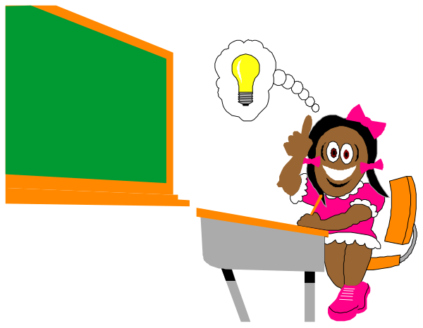 The cartoon shows a classroom scene with an animated character sitting at a desk pointing to something on her paper; she has brown hair tied in pigtails, is wearing glasses over eyes that appear surprised by what's being pointed out, and there's a thought bubble above her head containing the word "light bulb." The room includes chalkboards with writing, desks, chairs, bookshelves filled with textbooks or binders.