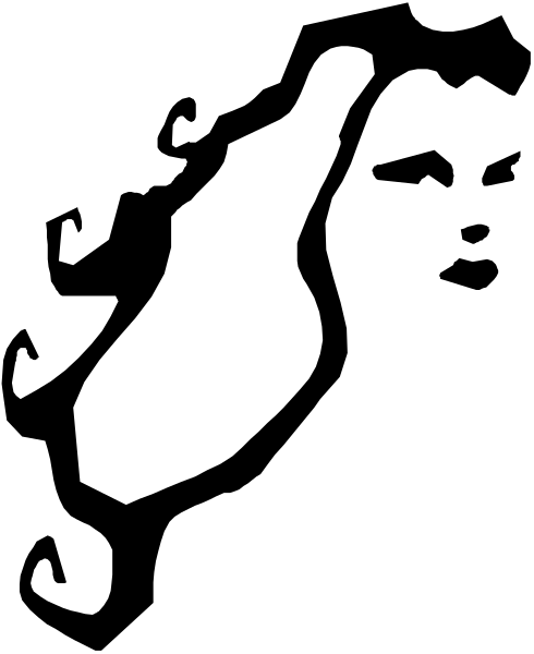 The image shows a black silhouette of an island with white waves crashing against it on either side.