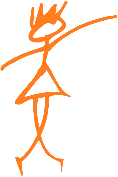 The image shows a simple line drawing of an orange stick figure with arms outstretched against a black background.