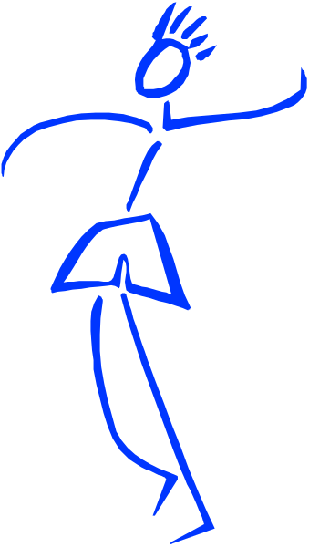 The image shows a blue line drawing of an animated figure that appears to be dancing with its arms outstretched against a black background.