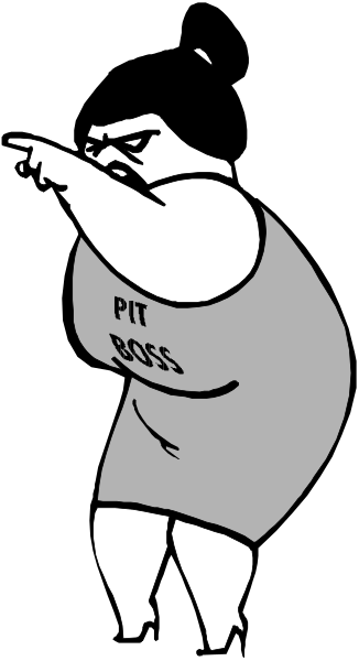 The image shows a cartoon of an overweight person with their arms crossed behind them, standing next to what appears to be a blackboard that has "PIT BULL" written on it in white chalk-like letters at the top and "BROWNIE POINTS" below.