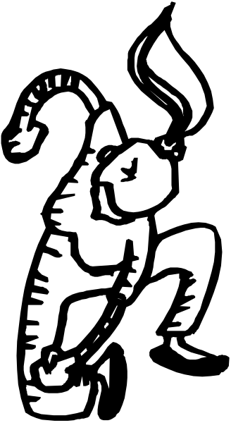 The black and white photo shows a cartoon of an elephant with its trunk raised upwards towards something unseen above it in front of what appears to be a dark background.