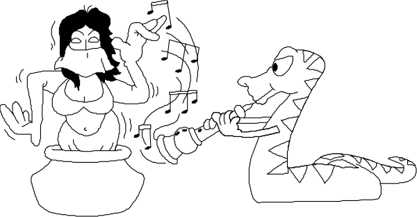 The black and white cartoon shows a scene with two characters: on the left is an anthropomorphic figure that appears to be female, holding what looks like a potion bottle in her hand; she has large eyes and small horns atop her head. On the right side of this image stands another character resembling a snake or serpentine creature coiled around itself with its mouth open as if speaking or singing. The background is dark but suggests an outdoor setting, possibly nighttime given that there are no visible stars in the sky and only one light source illuminating part of