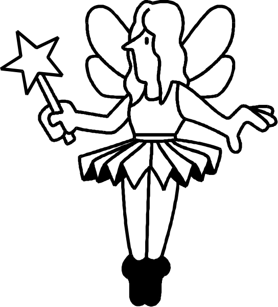 The black and white silhouette of a fairy holding an apple with wings on its back standing next to a wand in front of it.