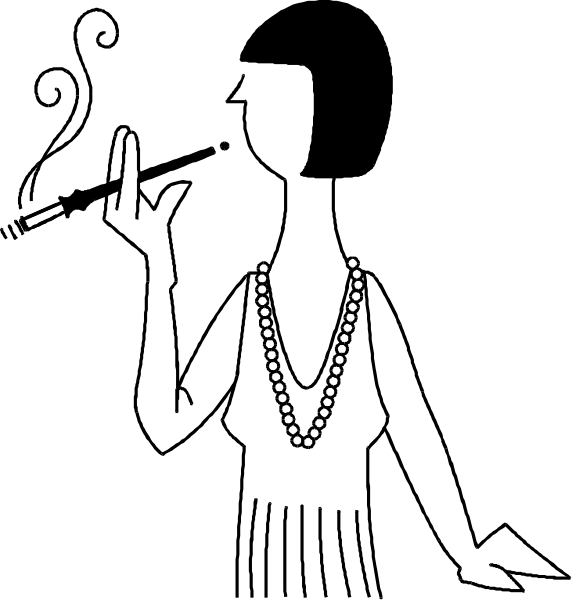 The black and white silhouette of a woman holding cigarettes with her right hand while smoking from them; she is wearing pearls around her neck and has short hair.