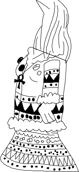 The black and white illustration shows a person wearing traditional clothing with patterns on it standing next to what appears to be an object that resembles a flower pot.