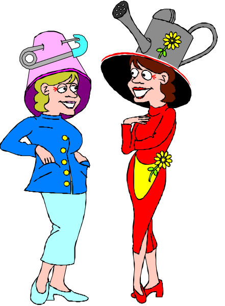 The illustration shows two women wearing hats with flowers on them; both have different colored dresses—one is red while the other wears blue. They appear to be in a conversation as one woman has her arms crossed and looks at another who seems surprised or intrigued by something off-frame, possibly an event happening outside their frame of reference. The background suggests they are indoors with no distinct features visible beyond them.