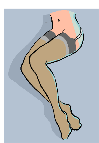 The image shows a cartoon of an adult female figure wearing thigh high stockings sitting on top of what appears to be a bed with blue sheets in front of her legs.