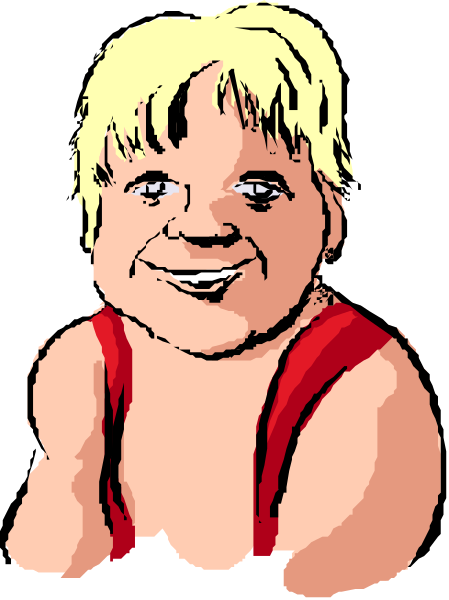 The image shows a cartoon of an overweight man with blonde hair wearing red shorts sitting on his hands against a black background.