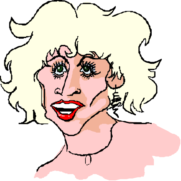 The image shows a black and white illustration of two caricatures side by side: on the left is an older woman with blonde hair styled in bangs; she has large eyes accentuated with makeup, wearing what appears to be lipstick, and her facial expression suggests surprise or shock. On the right is another drawing that seems more abstracted but still resembles a person's face, featuring exaggerated features such as very long eyelashes on one eye and an open mouth revealing teeth; this caricature also has blonde hair styled in bangs with similar makeup around