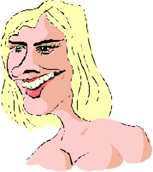 The image shows a cartoon of an animated woman with blonde hair smiling broadly at something offscreen.