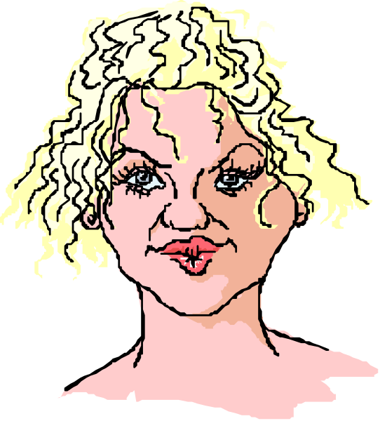 The image shows a cartoon of a woman with blonde hair drawn on top of another picture; she is wearing makeup that includes red lipstick.