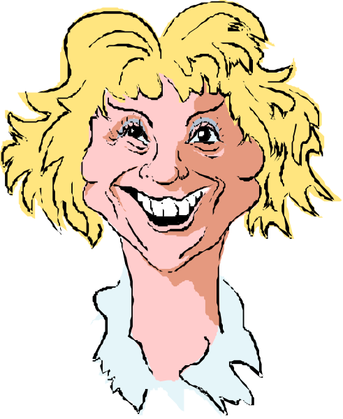 The cartoon features a woman with blonde hair wearing glasses; she has an exaggerated smile showing teeth and is looking directly at the viewer.