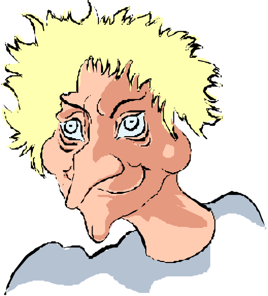 The image shows a cartoon of an elderly woman with exaggerated facial features such as large eyes and wrinkles on her face; she has short hair and is wearing what appears to be glasses over one eye, which gives it a squinting appearance. She's depicted in profile view against a dark background that fades into black at the edges of the image.