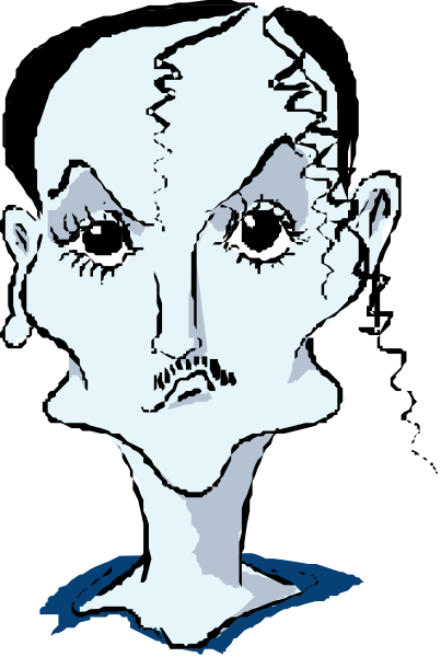 The image shows a cartoon of an elderly man with exaggerated facial features such as large eyes and ears, wearing glasses on his head which is disproportionately small compared to him; he has white hair and appears surprised or shocked by something off-frame.