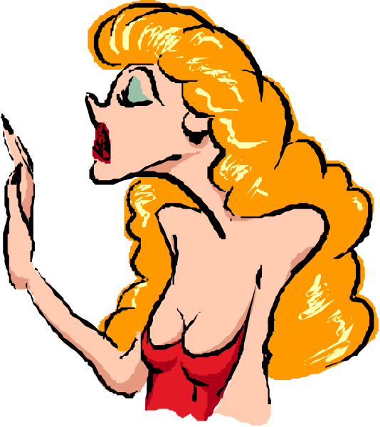 The cartoon shows a woman with blonde hair wearing red clothing; she is holding up her hand to cover part of her face while looking at something off-camera.