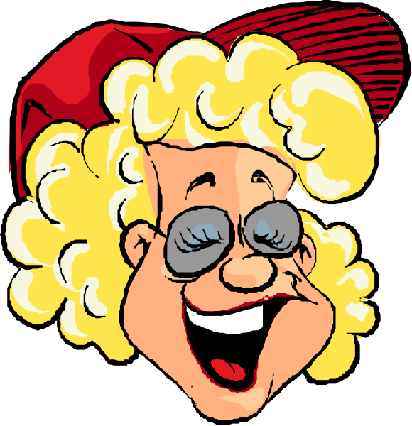 The image shows a cartoon of an elderly woman with blonde hair wearing glasses, smiling broadly while looking to her right side. She is dressed in what appears to be casual attire suitable for warm weather.
