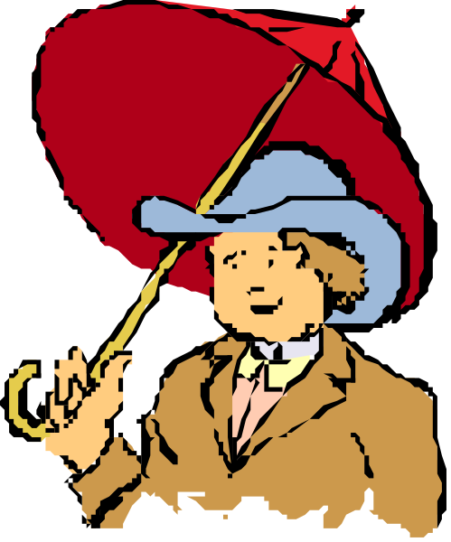 The image features a cartoon of an animated character holding a red umbrella while standing under it on what appears to be a rainy day in London.