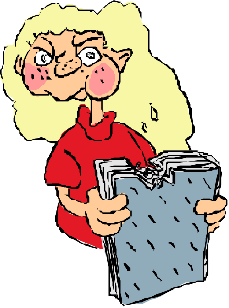 The cartoon shows a girl holding an open book with papers falling out of it; she is wearing glasses on her head and has blonde hair tied back in pigtails.