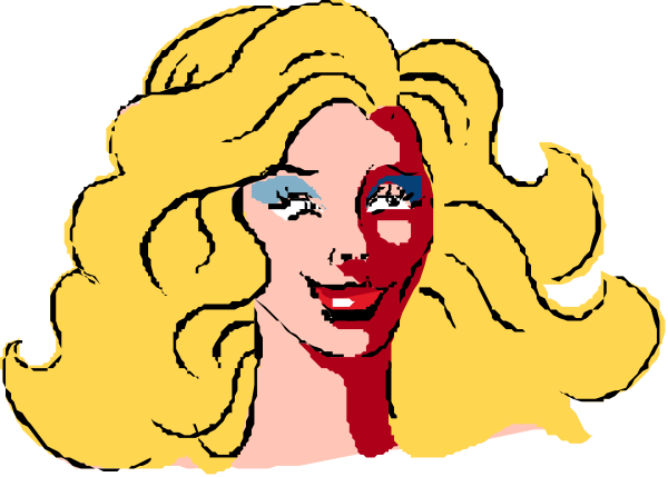 The image shows a cartoon of a woman with blonde hair styled into waves; she has blue eyeshadow on her eyelids and is wearing red lipstick. She appears to be smiling slightly as if posing for an illustration, which could suggest that this might have been used in the past or presently serves as part of some form of media representation such as a comic book cover or promotional material related to beauty products like makeup tutorials or advertisements featuring cosmetics. The background is plain and does not provide any additional context about setting or location, focusing attention on her