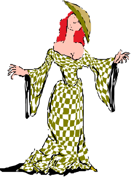 The image shows a cartoon of an animated female character with red hair styled into curls, wearing a green dress adorned with polka dots on top of which is draped another layer in yellowish-green coloring that resembles lace or sheer fabric. She has her arms outstretched and appears to be standing against a dark background; the character's expression suggests she might be singing, as indicated by an open mouth with no visible teeth showing through it.