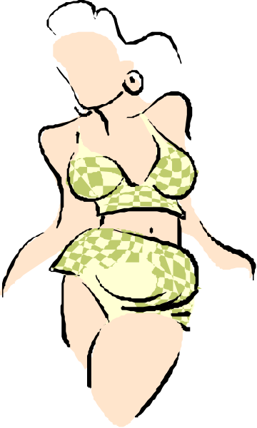 The image shows a black and white illustration of an animated female character wearing a bikini standing against a dark background with her hands on hips in front of what appears to be water.