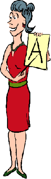 The image shows a cartoon of an adult woman holding papers with her left hand while standing against what appears to be a wall; she is wearing red clothing and has short hair.