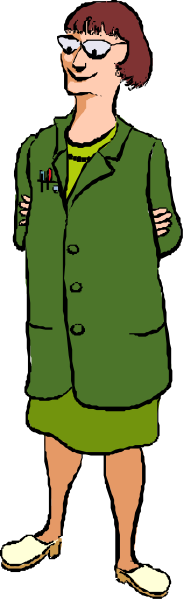The image shows a cartoon of an older woman wearing glasses standing next to another figure who is partially visible on their right side; she has short hair with bangs, wears green clothing including what appears to be a lab coat and skirt, holds her hands together in front of herself as if clasping them.