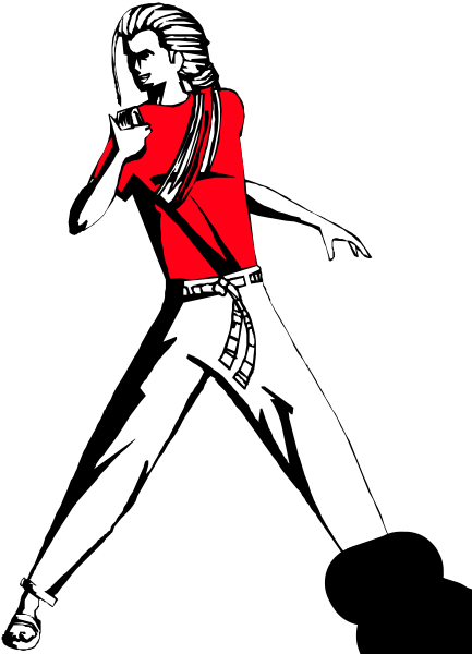 The image shows a black and white illustration of an animated character walking with their arms outstretched while wearing red clothing.