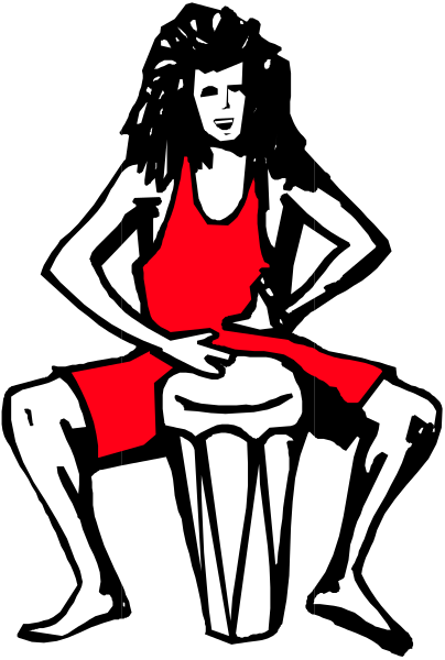The image shows a black and white line drawing of an athlete sitting on his haunches with hands resting behind him, wearing red shorts and holding one leg up in front of himself as if he's stretching it out for balance while seated atop what appears to be a stool or chair.